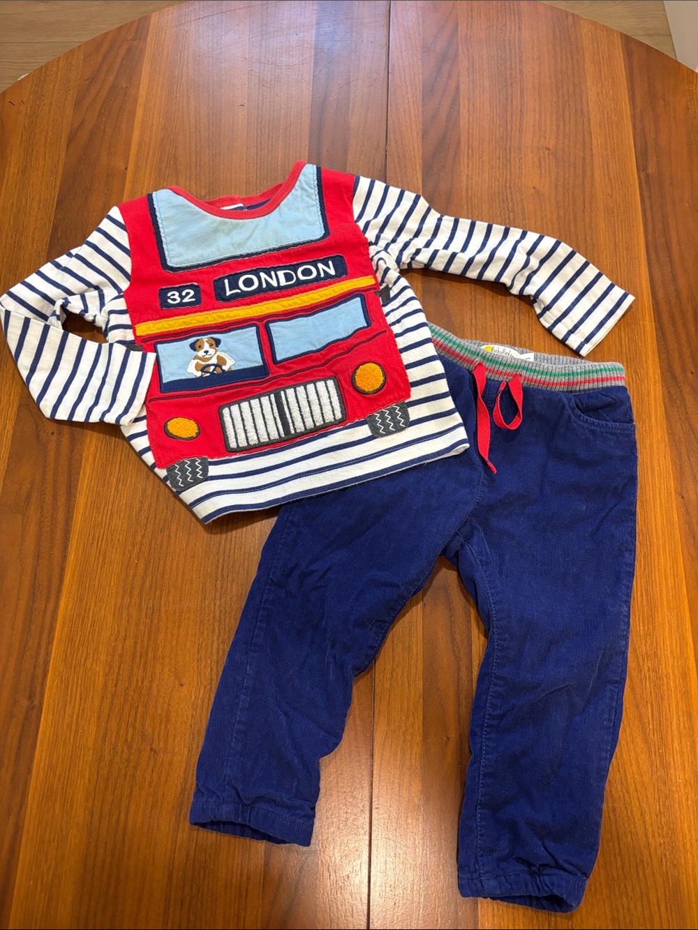 Baby Boden Navy Stripe and Red Trim London double decker bus set